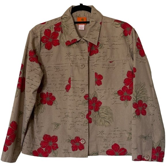 Hearts of Palm Collared Jacket Beige Red Floral Print 100% Cotton Women's Size 8 - Picture 1 of 16